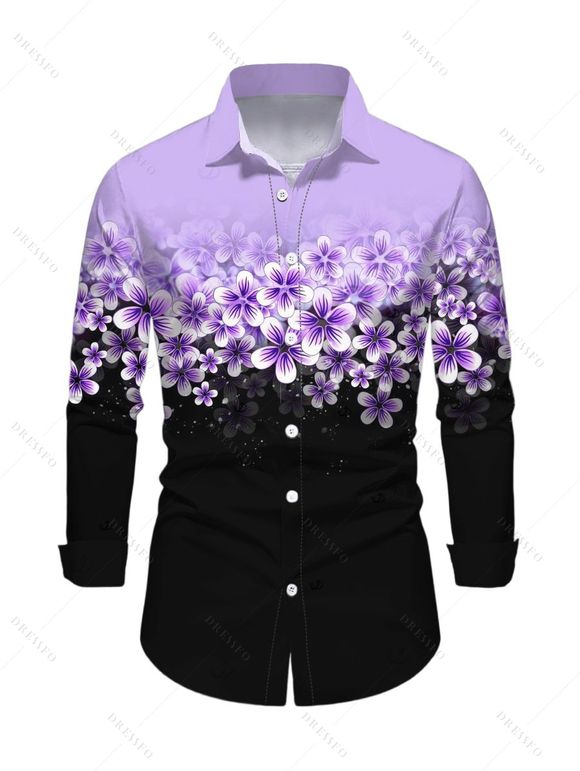 Chemise de vacances à manches longues et col rabattu pour homme, motif floral colorblock, chemise décontractée boutonnée - Pourpre M