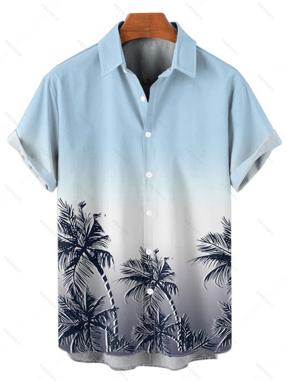Chemise de vacances à motif cocotier ombré pour homme, boutonnée, retroussée, manches courtes, pour la plage - Bleu clair M