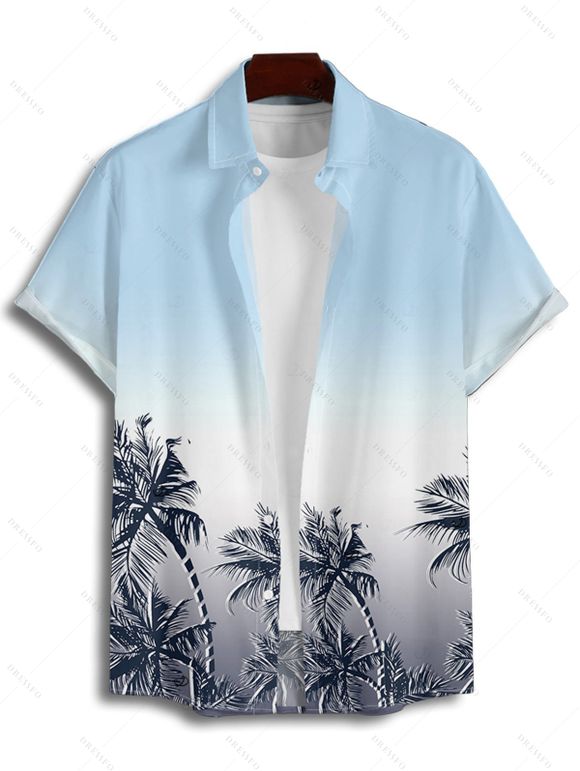 Chemise de vacances à motif cocotier ombré pour homme, boutonnée, retroussée, manches courtes, pour la plage - Bleu clair 4XL