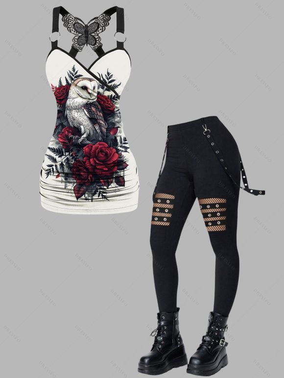 Gothic Women Outfit Owl Rose Leaf Pattern Butterfly Lace Ruched Surplice Tank Top and Hollow Out Grommet Chain Embellishment Skinny Pants Matching Outfit - Noir S | US 4