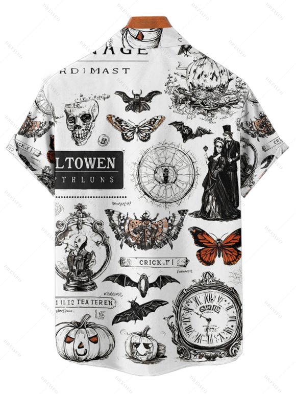 Chemise gothique à manches courtes et boutons pour homme, motif tête de mort, citrouille, papillon, horloge, sorcière, lettres, Halloween - Noir 4XL
