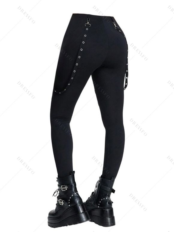 Gothic Women Outfit Owl Rose Leaf Pattern Butterfly Lace Ruched Surplice Tank Top and Hollow Out Grommet Chain Embellishment Skinny Pants Matching Outfit - Noir S | US 4