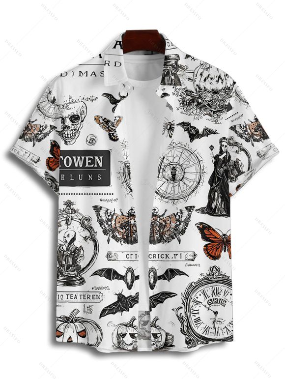Chemise gothique à manches courtes et boutons pour homme, motif tête de mort, citrouille, papillon, horloge, sorcière, lettres, Halloween - Noir 4XL