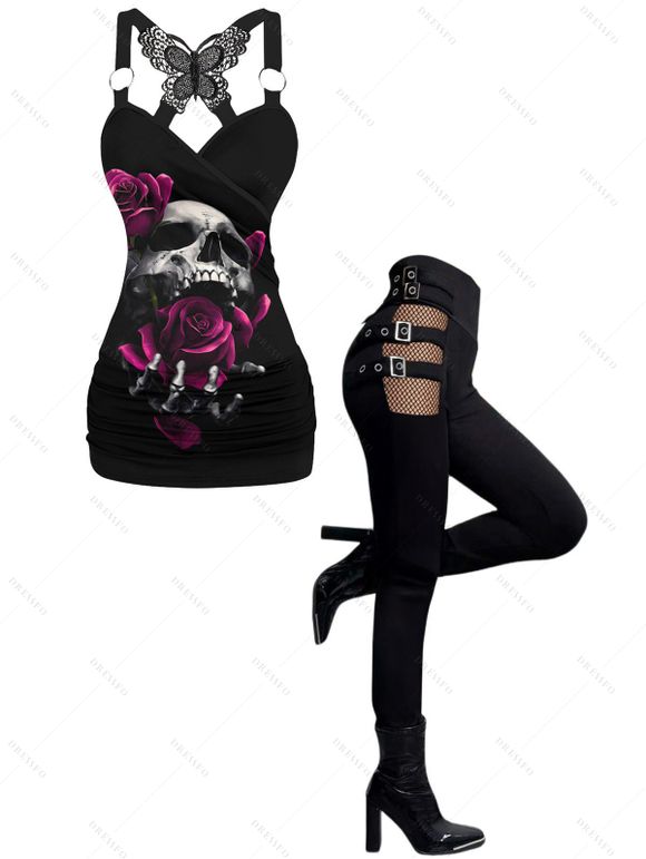Gothic Women Outfit Rose Skulls Pattern Butterfly Lace Ruched Long Tank Top and Hollow Out Buckle Strap Skinny Pants Holiday Matching Outfit - Noir S | US 4