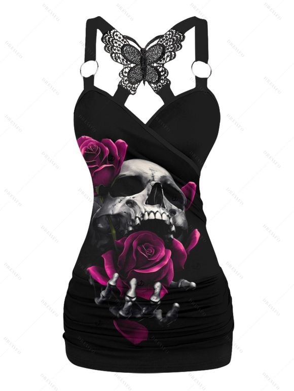 Gothic Women Outfit Rose Skulls Pattern Butterfly Lace Ruched Long Tank Top and Hollow Out Buckle Strap Skinny Pants Holiday Matching Outfit - Noir S | US 4