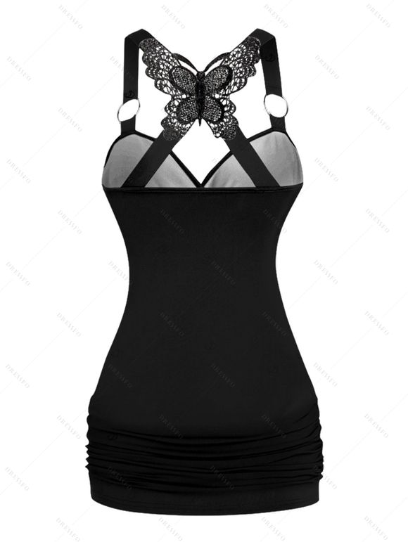 Gothic Women Outfit Rose Skulls Pattern Butterfly Lace Ruched Long Tank Top and Hollow Out Buckle Strap Skinny Pants Holiday Matching Outfit - Noir S | US 4