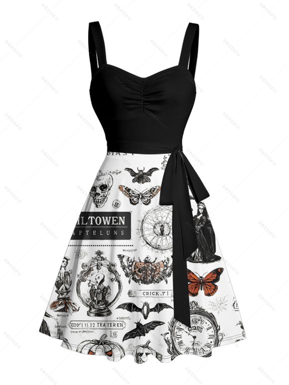 Robe gothique à col en cœur, mini robe trapèze d'Halloween, couleur contrastée, motif crâne, citrouille, papillon, horloge, sorcière, lettres, buste froncé, ceinture - Noir S | US 4