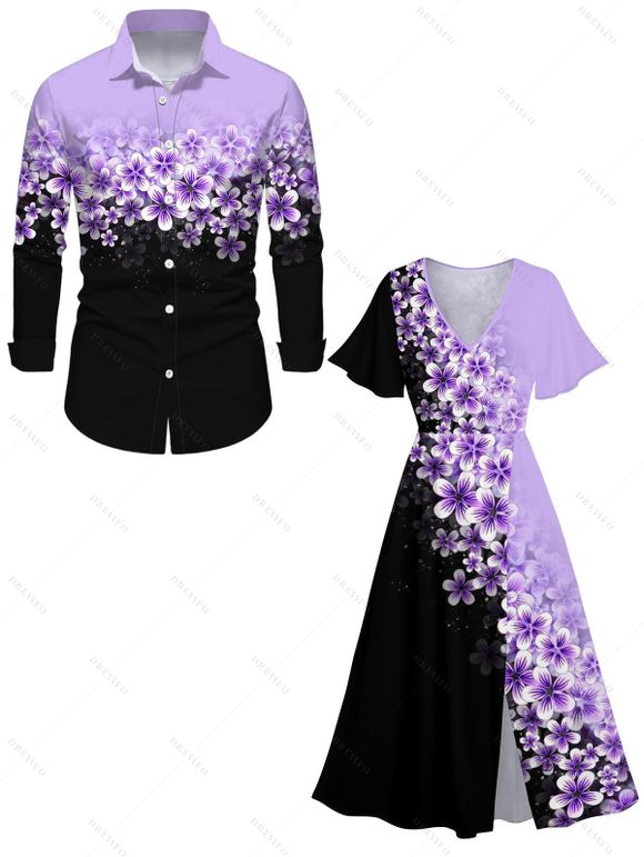 Vacation Couple Outfit Colorblock Flower Pattern Slit Half Flare Sleeve Dress and Long Sleeve Button Up Shirt Casual Matching Outfit - Pourpre S | US 4