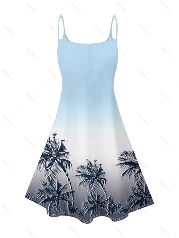 Vacation Couple Outfit Ombre Coconut Tree Pattern Spaghetti Strap V Neck A Line Mini Tank Dress and Button Up Shirt Beach Matching Outfit - Bleu clair S | US 4