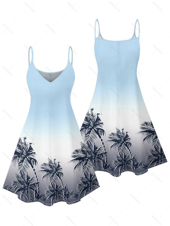 Vacation Couple Outfit Ombre Coconut Tree Pattern Spaghetti Strap V Neck A Line Mini Tank Dress and Button Up Shirt Beach Matching Outfit - Bleu clair S | US 4