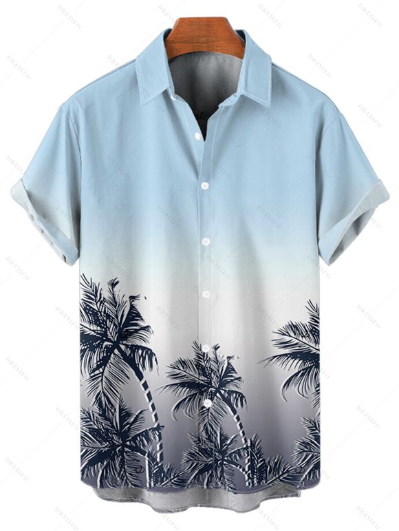 Vacation Couple Outfit Ombre Coconut Tree Pattern Spaghetti Strap V Neck A Line Mini Tank Dress and Button Up Shirt Beach Matching Outfit - Bleu clair S | US 4