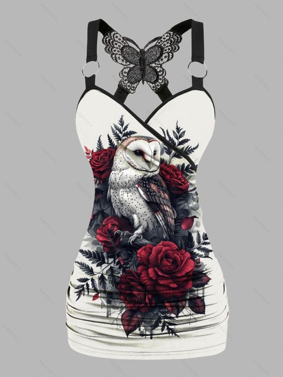 Débardeur gothique froncé en dentelle avec motif hibou, rose, feuille, papillon, bretelles à anneau en O, haut long pour les vacances - Blanc M | US 6