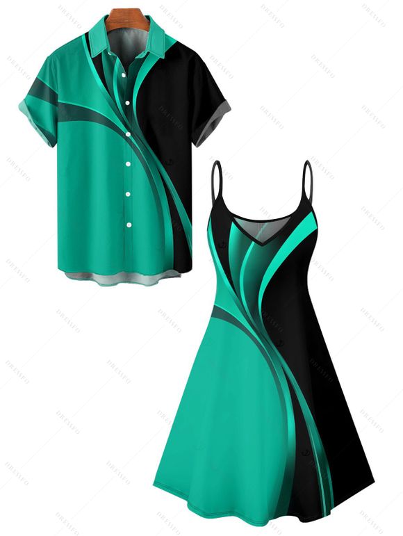 Casual Couple Outfit Geometric Pattern Colorblock Spaghetti Strap V Neck A Line Mini Tank Dress and Button Up Shirt Matching Outfit - Noir S | US 4