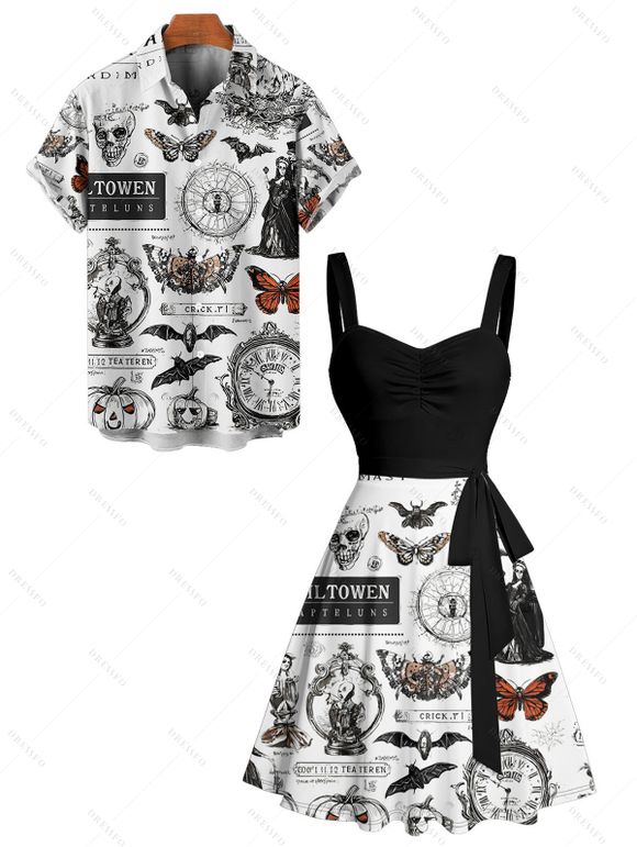 Gothic Couple Outfit Contrast Color Skull Pumpkin Butterfly Clock Witch Letter Pattern Ruched Bust Belt Dress and Button Up Shirt Halloween Matching Outfit - Noir S | US 4