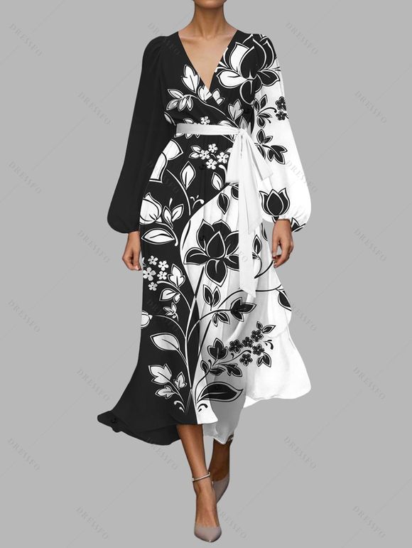 Robe en mousseline de soie à motif floral contrasté, ceinture, décolleté plongeant, manches longues, coupe trapèze, tenue de vacances - Noir XL | US 12