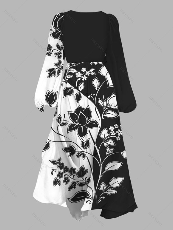 Robe en mousseline de soie à motif floral contrasté, ceinture, décolleté plongeant, manches longues, coupe trapèze, tenue de vacances - Noir S | US 4