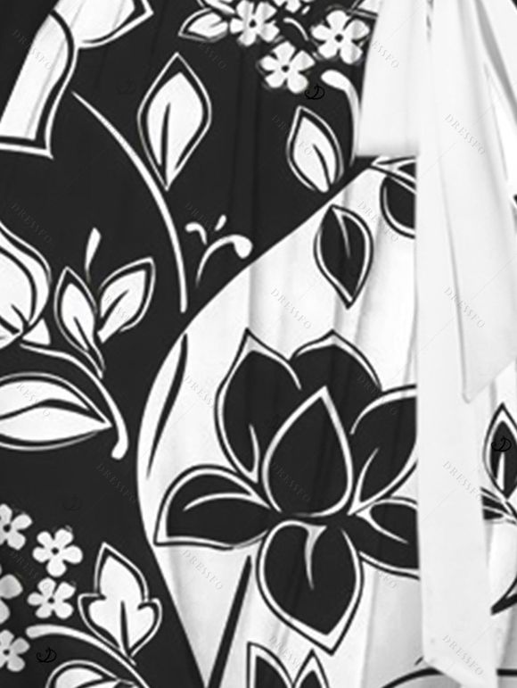 Robe en mousseline de soie à motif floral contrasté, ceinture, décolleté plongeant, manches longues, coupe trapèze, tenue de vacances - Noir S | US 4