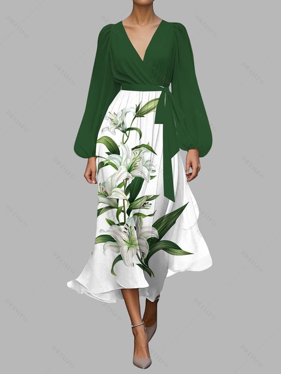 Robe en mousseline de soie à motif de feuilles de lys et de fleurs, ceinture de couleur contrastée, col plongeant, manches longues, robe de vacances trapèze - Vert profond S | US 4