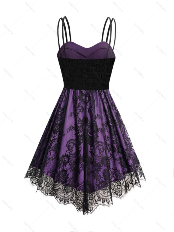 Robe Corset à Bretelle Fine Fleur Imprimée en Dentelle Insérée avec Ceinture - Pourpre XXL | US 14