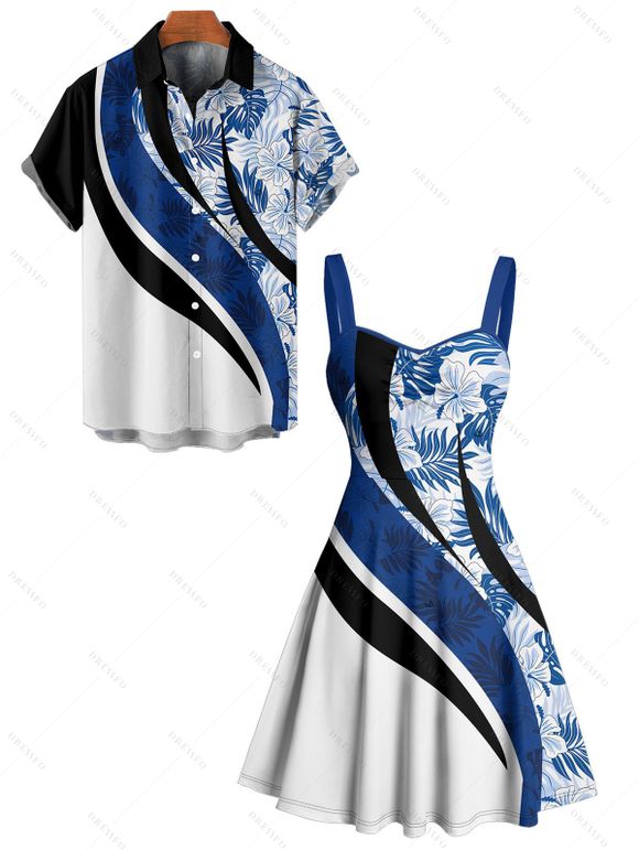 Vacation Couple Outfit Coloblock Tropical Leaf Pattern Ruched Bust Sweetheart Neck A Line Mini Dress and Button Up Shirt Casual Matching Outfit - Bleu S | US 4