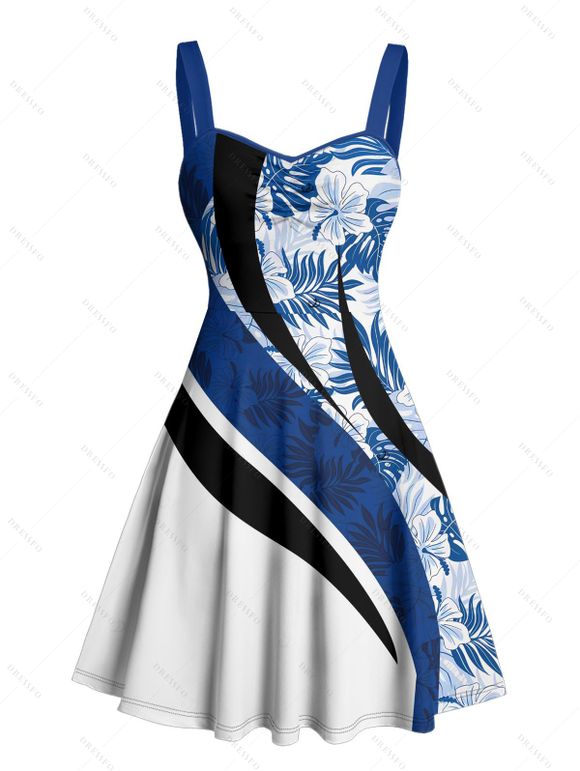 Vacation Couple Outfit Coloblock Tropical Leaf Pattern Ruched Bust Sweetheart Neck A Line Mini Dress and Button Up Shirt Casual Matching Outfit - Bleu S | US 4