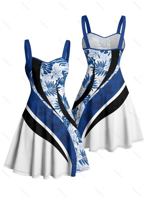 Vacation Couple Outfit Coloblock Tropical Leaf Pattern Ruched Bust Sweetheart Neck A Line Mini Dress and Button Up Shirt Casual Matching Outfit - Bleu S | US 4