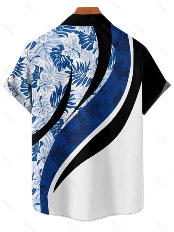 Vacation Couple Outfit Coloblock Tropical Leaf Pattern Ruched Bust Sweetheart Neck A Line Mini Dress and Button Up Shirt Casual Matching Outfit - Bleu S | US 4