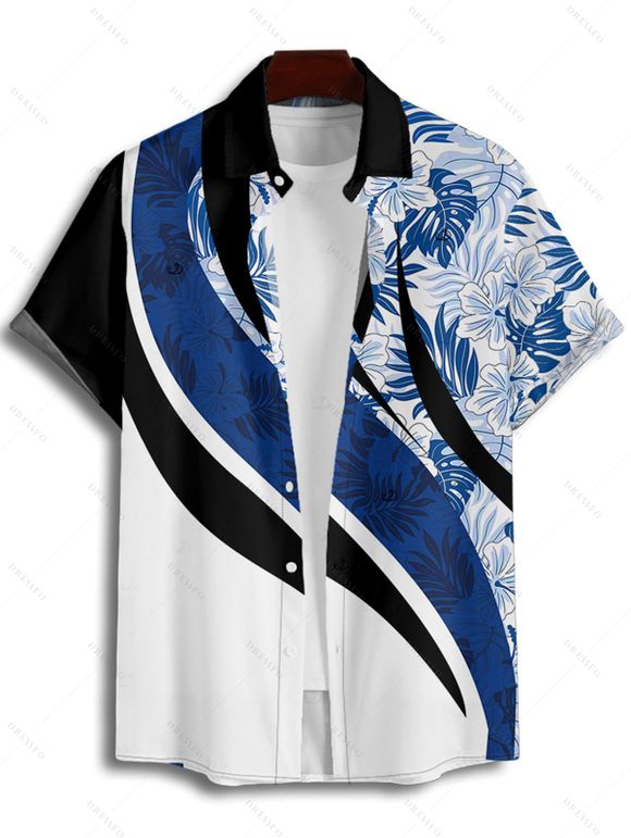 Vacation Couple Outfit Coloblock Tropical Leaf Pattern Ruched Bust Sweetheart Neck A Line Mini Dress and Button Up Shirt Casual Matching Outfit - Bleu S | US 4