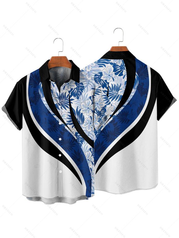Vacation Couple Outfit Coloblock Tropical Leaf Pattern Ruched Bust Sweetheart Neck A Line Mini Dress and Button Up Shirt Casual Matching Outfit - Bleu S | US 4