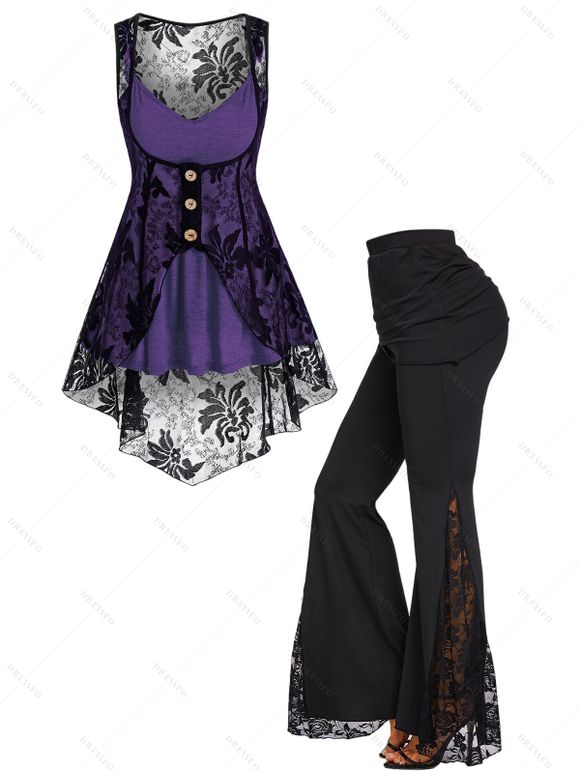 Gothic Women Outfit Colorblock Lace Mock Button Asymmetrical Hem Top Set and Lace Up Zipper Up Flare Jeans Casual Set - Concorde S | US 4
