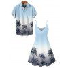 Vacation Couple Outfit Ombre Coconut Tree Pattern Spaghetti Strap V Neck A Line Mini Tank Dress and Button Up Shirt Beach Matching Outfit - Bleu clair S | US 4