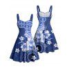 Robe de vacances à imprimé géométrique fleuri et buste froncé, col en cœur, mini-robe décontractée trapèze - Bleu profond XXXXXL | US 20