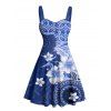 Robe de vacances à imprimé géométrique fleuri et buste froncé, col en cœur, mini-robe décontractée trapèze - Bleu profond XXXXXL | US 20