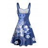 Robe de vacances à imprimé géométrique fleuri et buste froncé, col en cœur, mini-robe décontractée trapèze - Bleu profond XXXXXL | US 20
