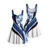 Robe de vacances à motif de feuilles tropicales Coloblock, buste froncé, col en cœur, robe trapèze décontractée courte - Bleu S | US 4
