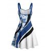 Robe de vacances à motif de feuilles tropicales Coloblock, buste froncé, col en cœur, robe trapèze décontractée courte - Bleu S | US 4