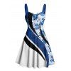 Robe de vacances à motif de feuilles tropicales Coloblock, buste froncé, col en cœur, robe trapèze décontractée courte - Bleu S | US 4