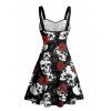 Robe gothique à col en cœur et motif de roses, buste froncé, mini-robe de vacances trapèze - Noir XXXL | US 16