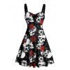 Robe gothique à col en cœur et motif de roses, buste froncé, mini-robe de vacances trapèze - Noir XXXL | US 16