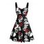 Robe gothique à col en cœur et motif de roses, buste froncé, mini-robe de vacances trapèze - Noir XXXL | US 16