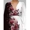 Contrast Color Rose Pattern Belt Chiffon Dress Plunging Neck Long Sleeve A Line Vacation Dress - Noir XXL | US 14