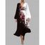 Contrast Color Rose Pattern Belt Chiffon Dress Plunging Neck Long Sleeve A Line Vacation Dress - Noir XXL | US 14