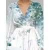 Robe en mousseline de soie à motif floral et feuilles ombré, ceinture, décolleté plongeant, manches longues, coupe trapèze, robe de vacances - Vert clair M | US 6