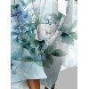 Robe en mousseline de soie à motif floral et feuilles ombré, ceinture, décolleté plongeant, manches longues, coupe trapèze, robe de vacances - Vert clair M | US 6