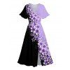 Robe de vacances fendue à motif floral colorblock, manches mi-évasées, col en V, robe mi-longue trapèze - Pourpre XL | US 12