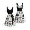 Robe gothique à col en cœur, mini robe trapèze d'Halloween, couleur contrastée, motif crâne, citrouille, papillon, horloge, sorcière, lettres, buste froncé, ceinture - Noir S | US 4