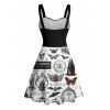 Robe gothique à col en cœur, mini robe trapèze d'Halloween, couleur contrastée, motif crâne, citrouille, papillon, horloge, sorcière, lettres, buste froncé, ceinture - Noir S | US 4