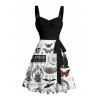 Robe gothique à col en cœur, mini robe trapèze d'Halloween, couleur contrastée, motif crâne, citrouille, papillon, horloge, sorcière, lettres, buste froncé, ceinture - Noir S | US 4