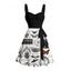 Robe gothique à col en cœur, mini robe trapèze d'Halloween, couleur contrastée, motif crâne, citrouille, papillon, horloge, sorcière, lettres, buste froncé, ceinture - Noir S | US 4