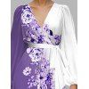 Robe en mousseline de soie à motif floral contrasté, ceinture, col plongeant, manches longues, robe de vacances trapèze - Pourpre M | US 6